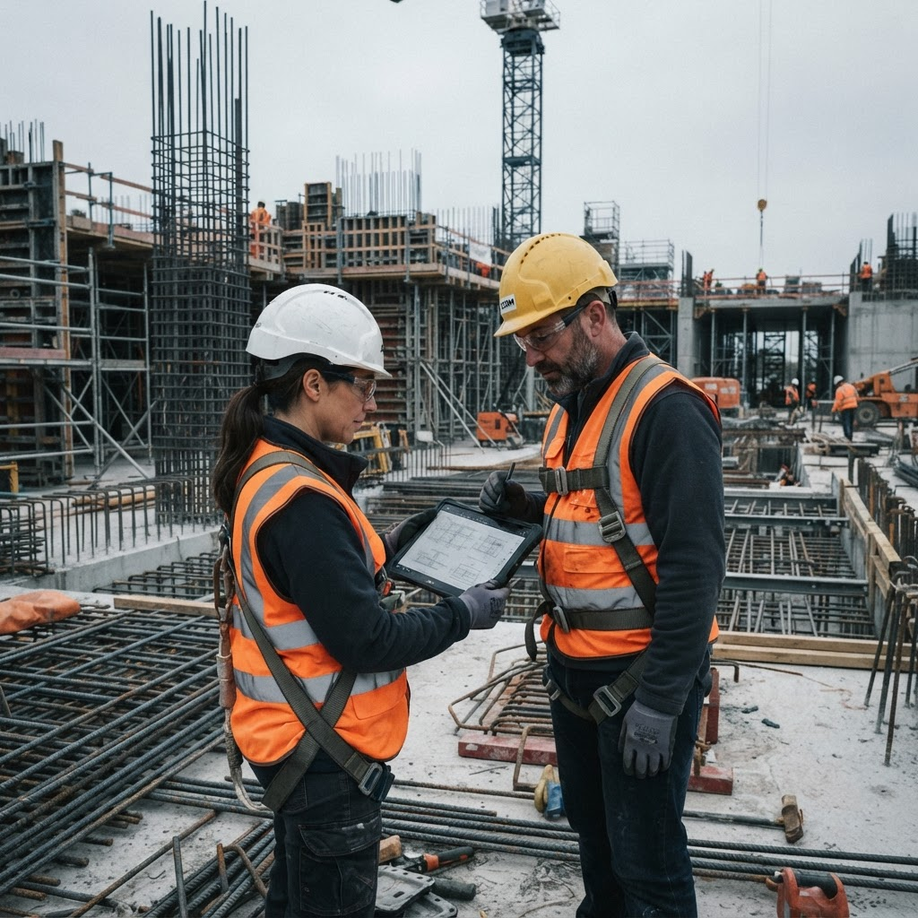 Engineers reviewing construction drawings at an infrastructure site