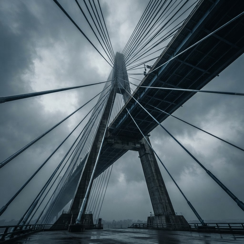 Steel cable-stayed bridge rising against an overcast sky