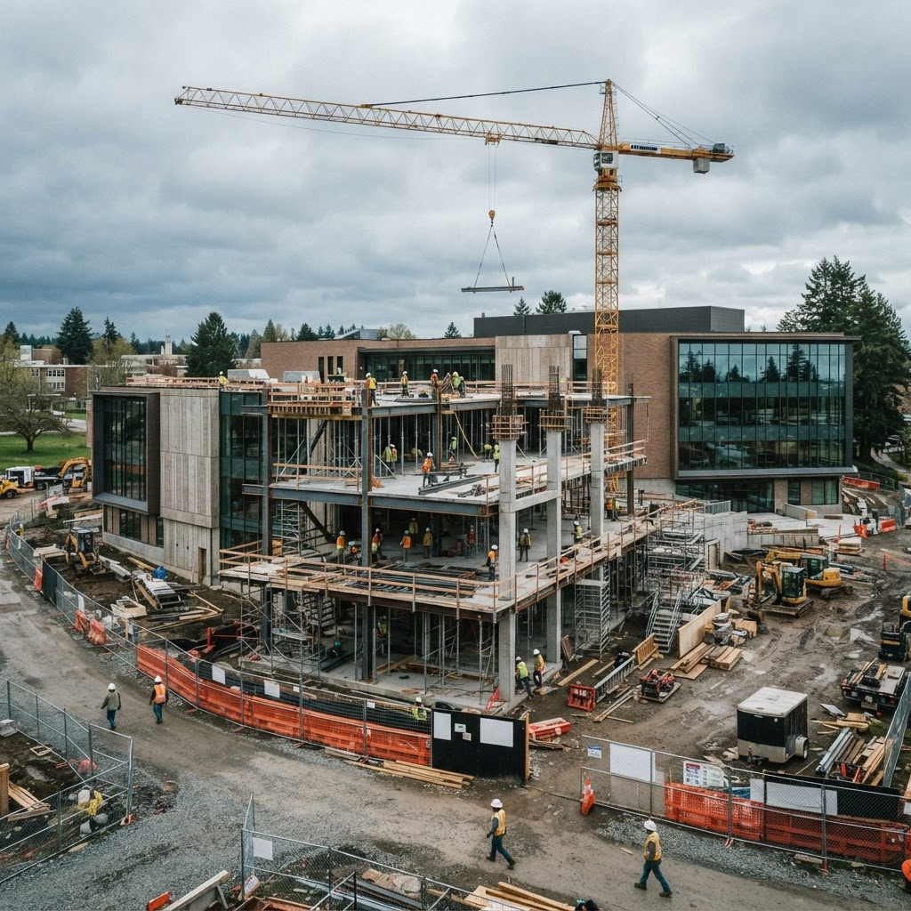 Modern K–12 and community college campus building under active construction
