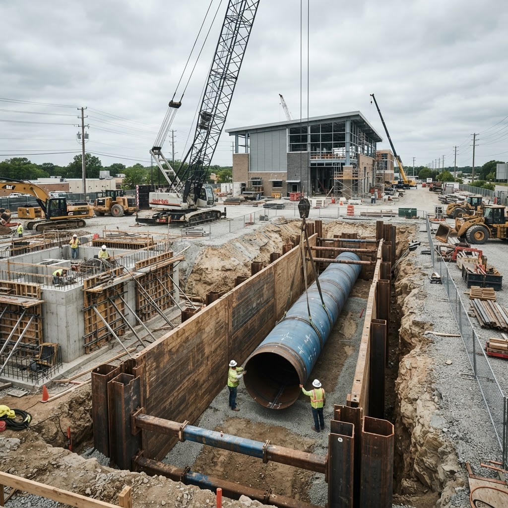 Large-diameter municipal water transmission main installation with concrete valve vault at an active public works construction site